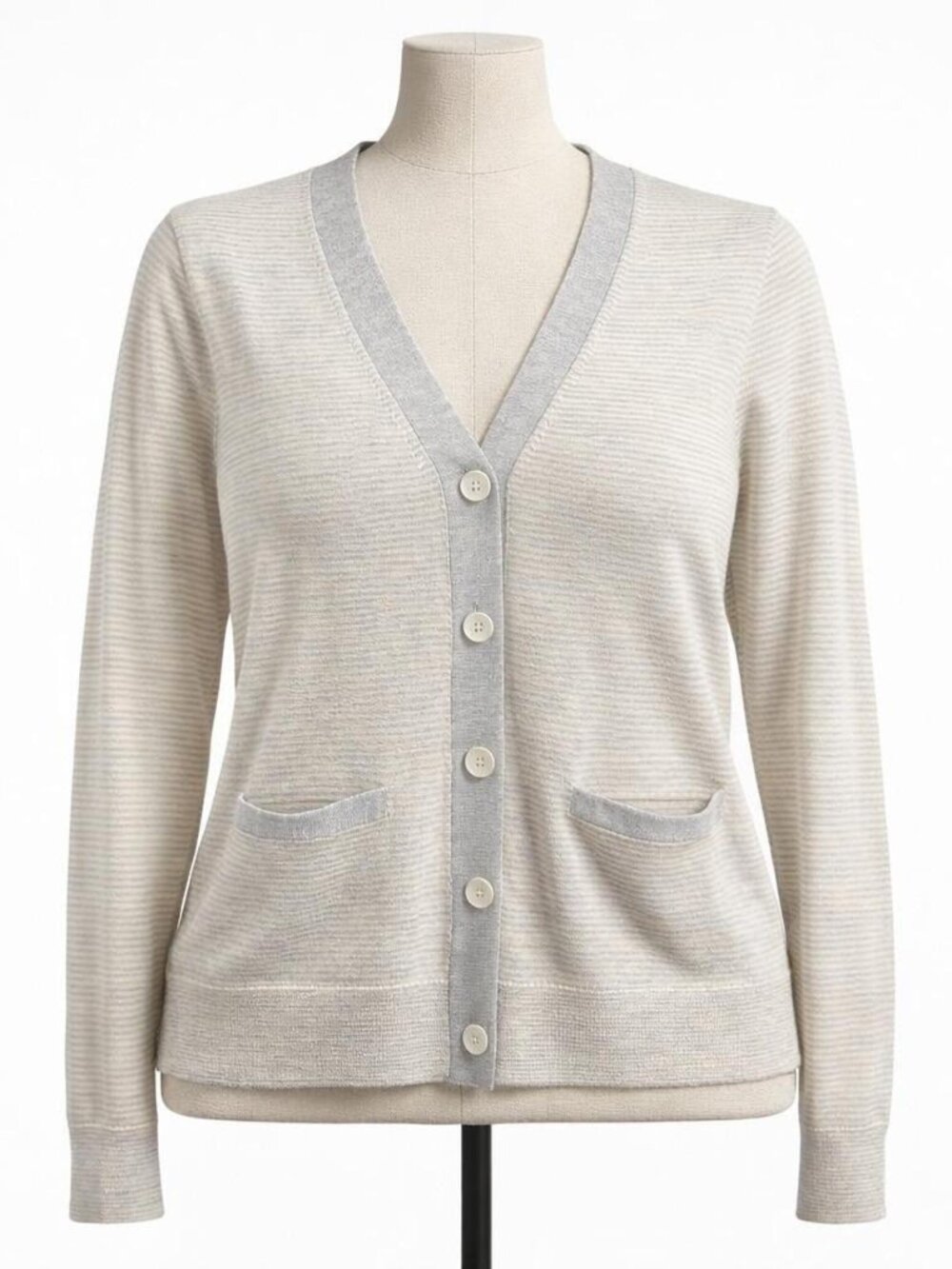 J. CREW Lightweight Merino Wool Buttoned V-Neck Cardigan Cream/Grey Stripped XXS
